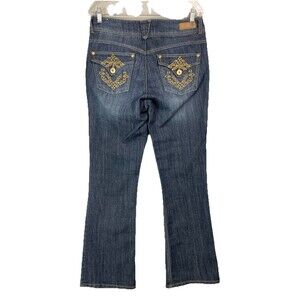 Artisan Crafted Women 32 Jeans Bootcut Flare Embroidered Pockets Stretch Denim